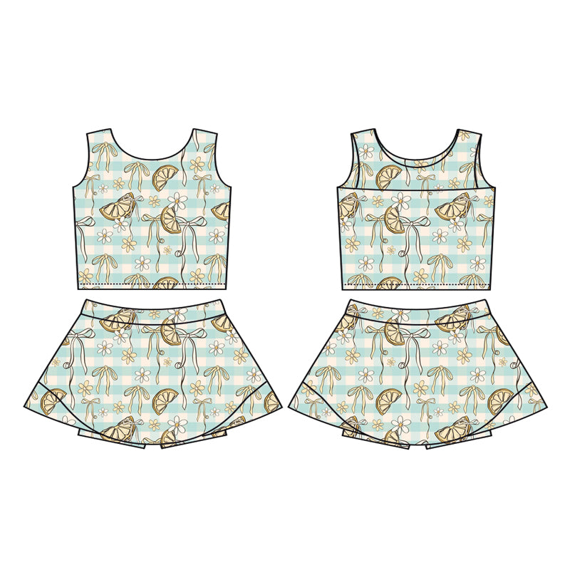 Preorder (moq 5)Baby Girls Sleeveless Stripe Lemons Flowers Vest Top Short Skirts Set