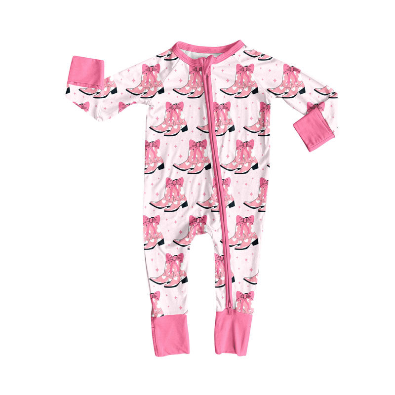Preorder(moq 8)Baby Girls Pink Bows Boots Stars Western Zipper Footie Rompers