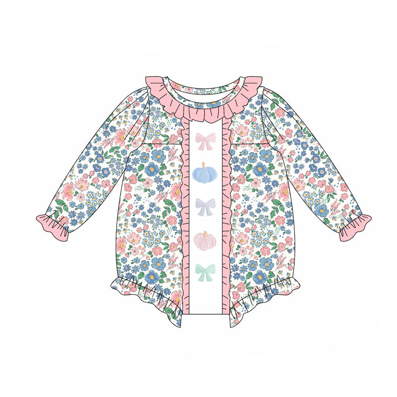 Preorder (moq 5)Baby Girls Long Ruffle Sleeves Blue Floral Pumpkins Bows Rompers