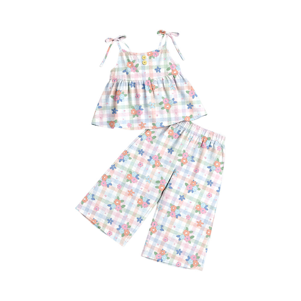Preorder (moq 5)Baby Girls Strap Colorful Flowers Checked Tunic Flare Pants Clothes Sets