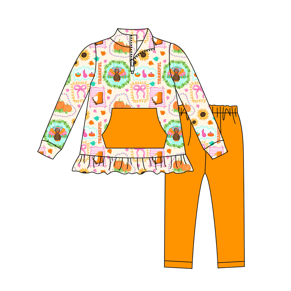 Preorder (moq 5)Baby Girls Long Sleeves Turkey Pumpkins Pocket Zipper Top Legging Pants Set