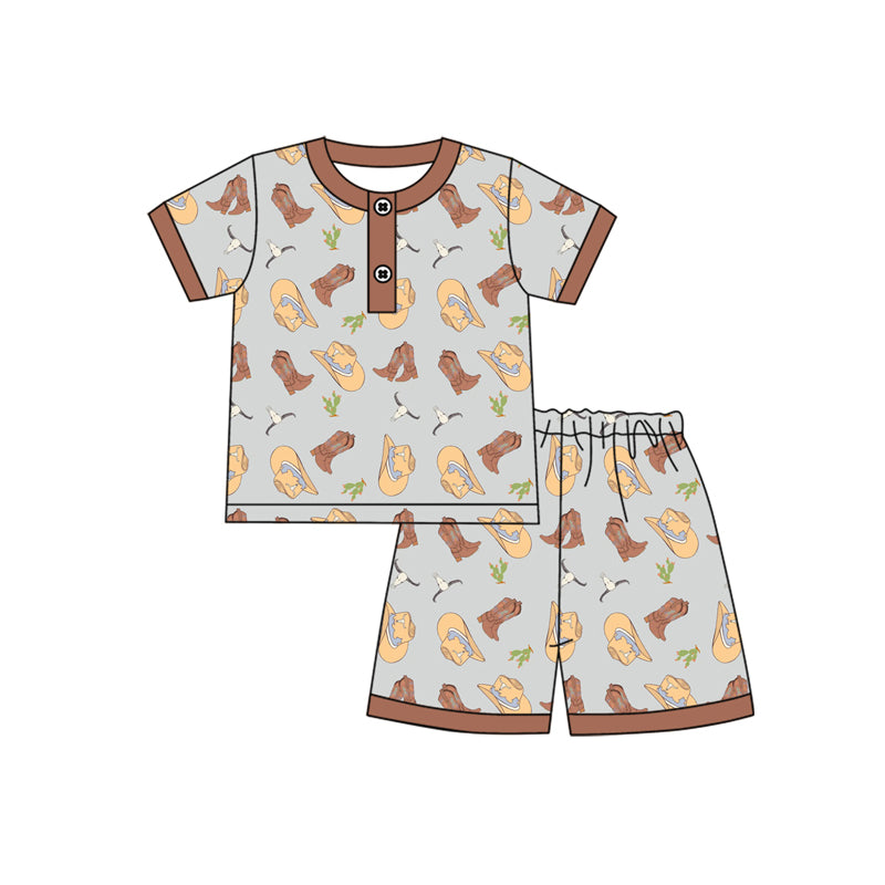 Preorder moq 5 Baby Boys Brown Short Sleeves Boots Hats Button Top Short Pajamas Set