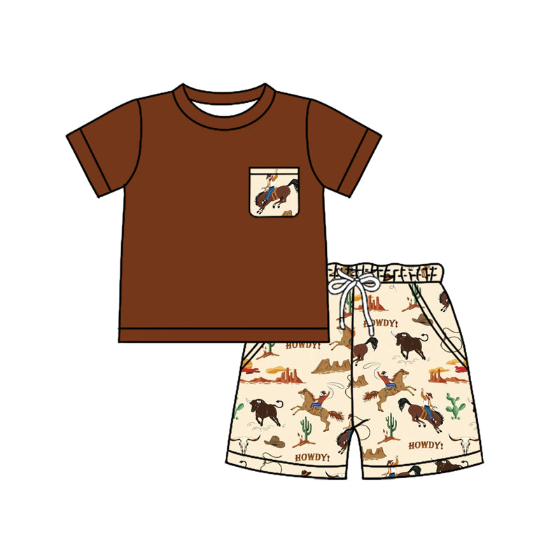 Preorder moq 5 Baby Boys Dark Brown Short Sleeves Pocket Top Horse Rodeos Bulls Short Set