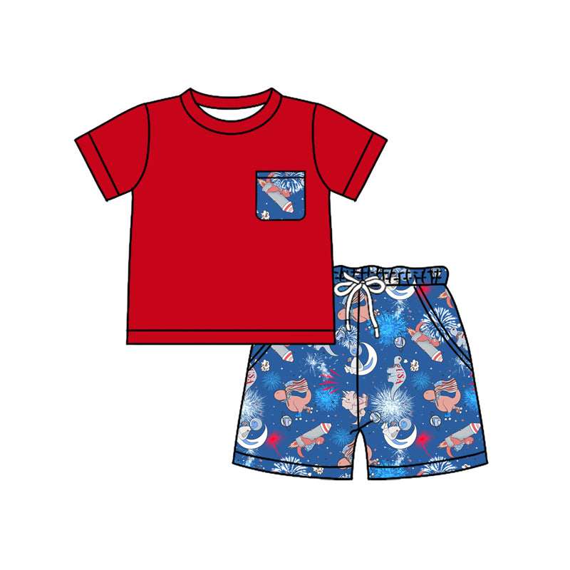 Preorder moq 5 Baby Boys Red Short Sleeves Pocket Top Blue Dinosaurs Flags Short 4th Of July Set