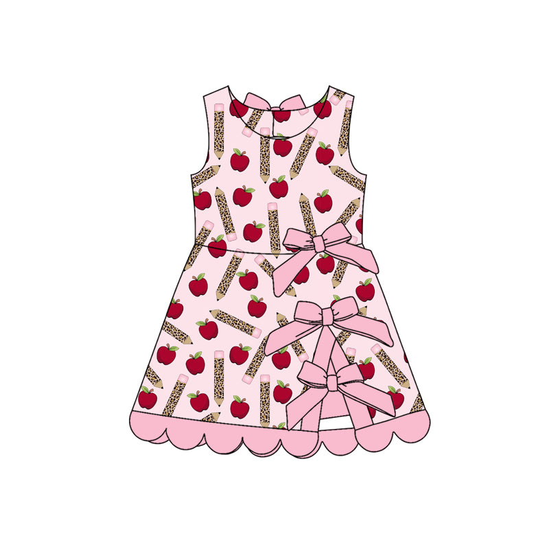 Preorder moq 5 Baby Girls Apple Pencils Shorts Scallop Back to School Knee Length Dresses