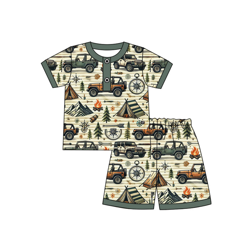 Preorder moq 5 Baby Boys Green Short Sleeves Camping Tent Button Top Short Pajamas Set