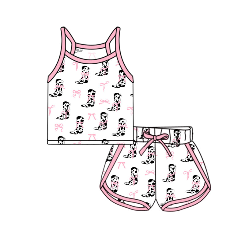 Preorder (moq 5)Baby Girls Pink Strap Bows Cow Print Boots Top Shorts Sport Clothes Sets