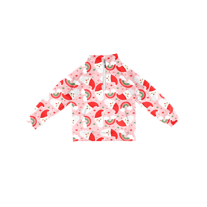 Preorder (moq 5)Baby Girls Long Sleeves Red Santa Rainbows Pocket Zipper Pullovers Top