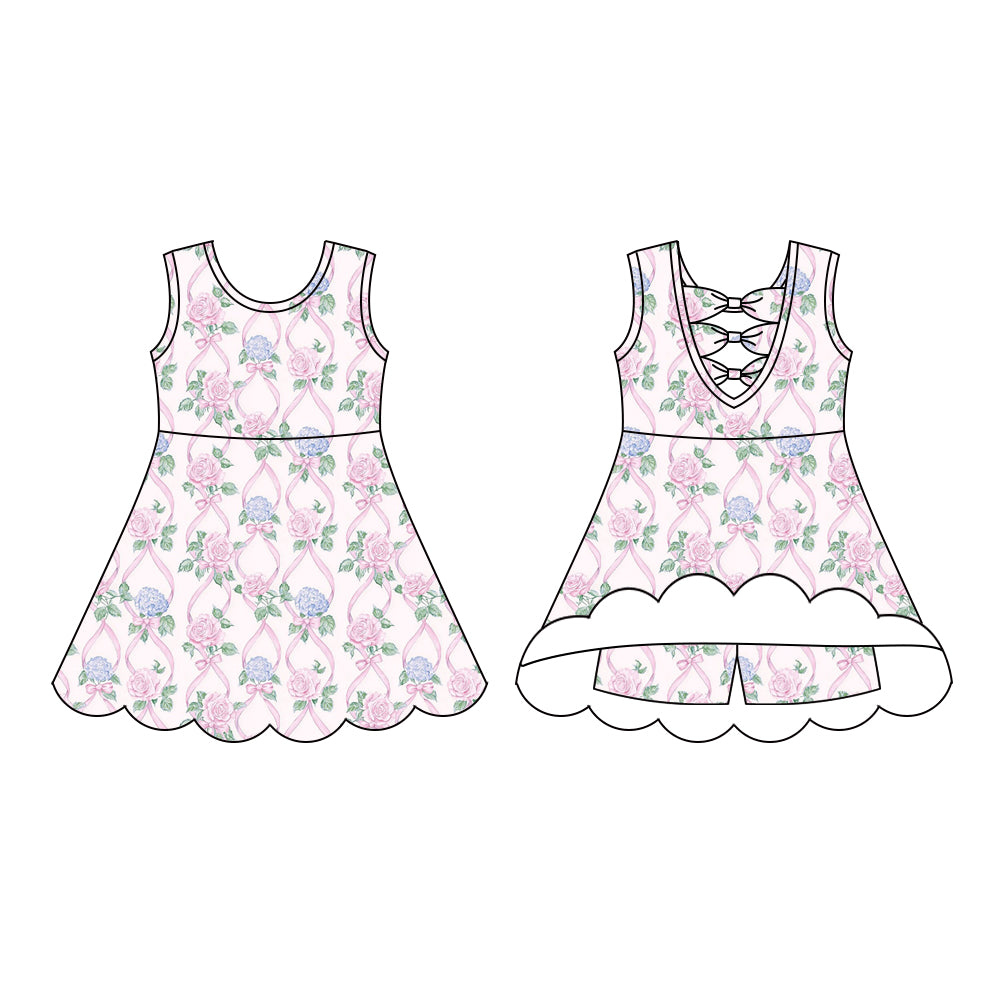 Preorder (moq 5)Baby Girls Sleeveless Pink Bows Flowers Plaid Short Knee Length Dress