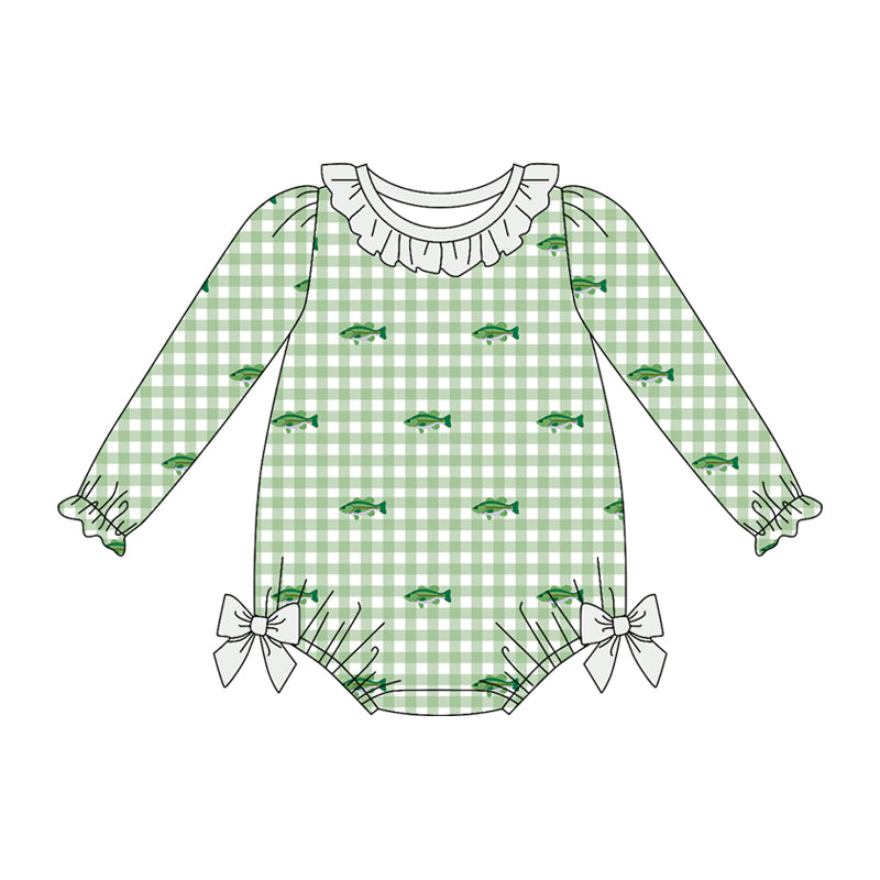 Preorder (moq 5)Baby Girls Long Sleeve Fishes Hunting Checked Ruffle Rompers