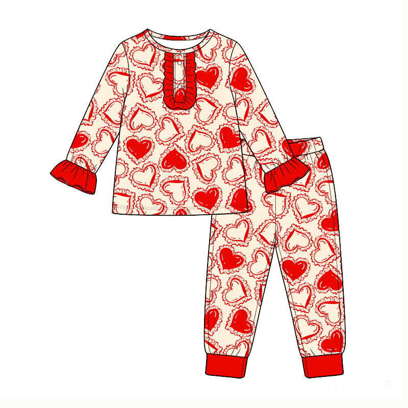 Preorder (moq 5) Baby Girl Red Lace Heart Print Long Sleeve Ruffle Henley Top Cuff Pant Pajama Set