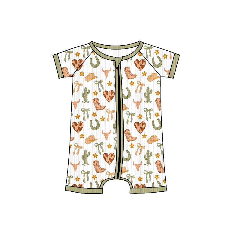 Preorder (moq 5)Baby Boys Short Sleeves Aqua Bull Skull Bows Plaid Zipper Shorts Rompers