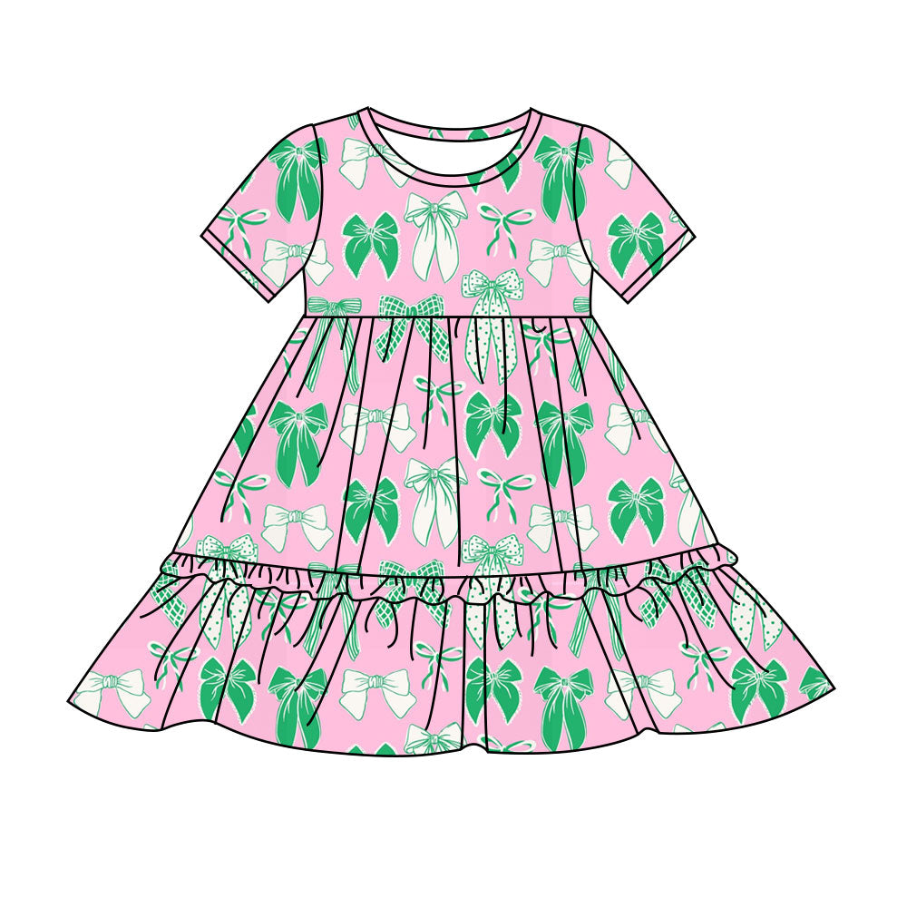 Preorder(moq 8)Baby Girls Pink Short Sleeve Green Bows St Patrick Ruffle Knee Length Dresses