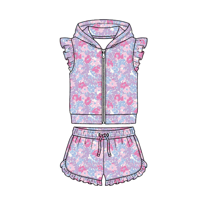 Preorder (moq 5)Baby Girls Colorful Floral Hoodie Zip Jacket Ruffle Short Clothes Sets