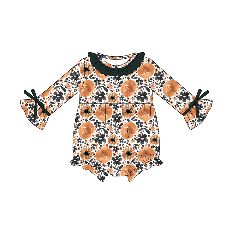 Preorder (moq 5)Baby Girls Long Sleeves Daisy Floral Pumpkins Ruffle Rompers