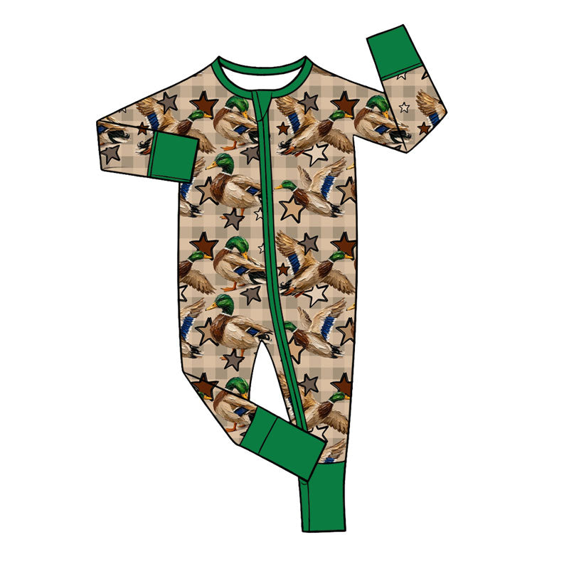 Preorder (moq 5) Baby Boy Clothes Hunting Duck Star Gingham Print Long Sleeve Zipper Baby Romper