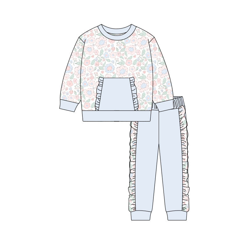 Preorder(moq 5) Baby Girls Light Blue Pink Floral Pocket Top Ruffle Pants Clothes Sets