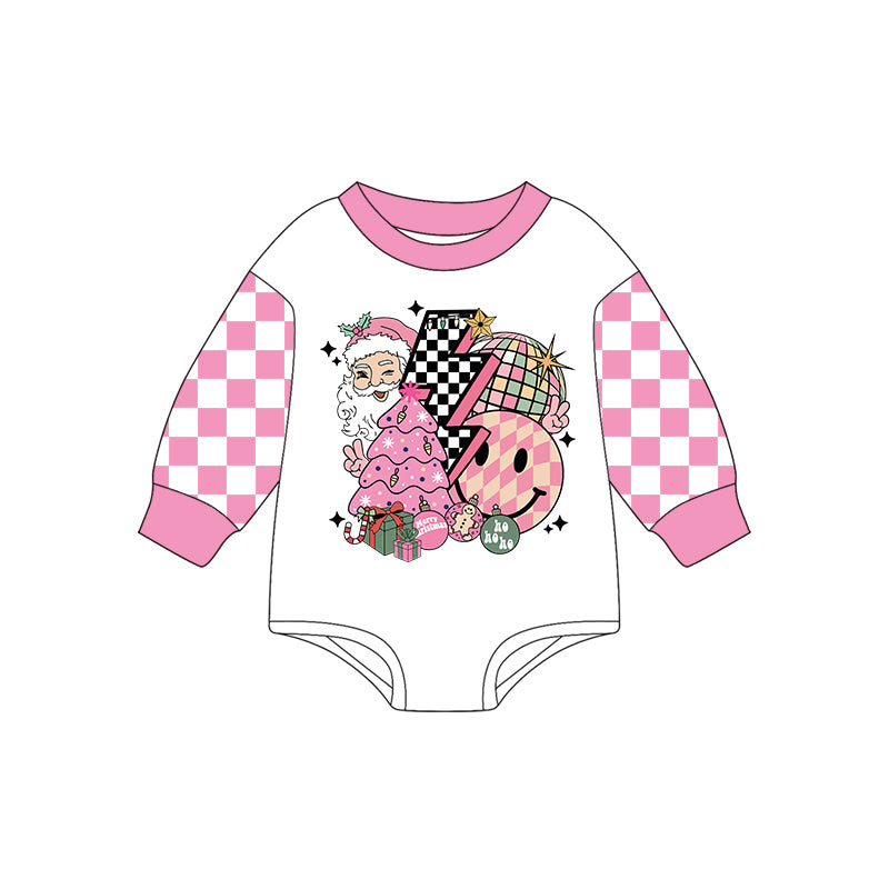Preorder(moq 5)Baby Girls Pink Plaid Long Sleeves Santa Light Rompers