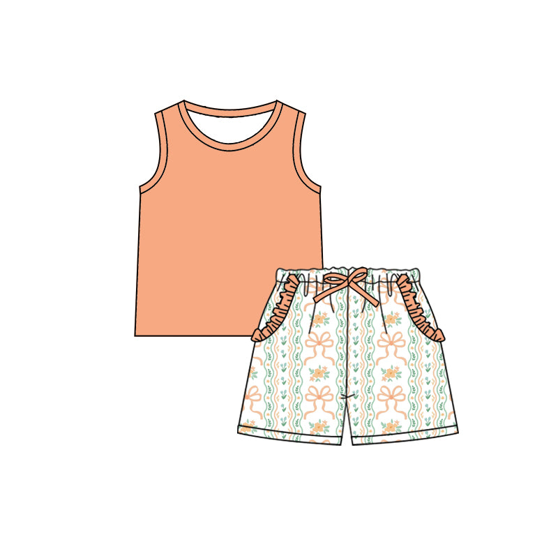 Preorder (moq 5)Baby Girls Khaki Sleeveless Shirt Bows Stripe Ruffle Pockets Shorts Clothes Sets