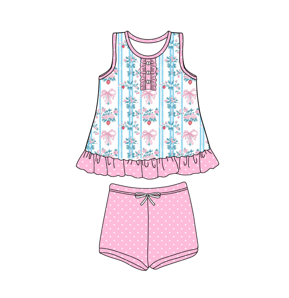 Preorder (moq 5)Baby Girls Pink Sleeveless Button Bows Floral Stripe Tunic Polka Dots Short Set