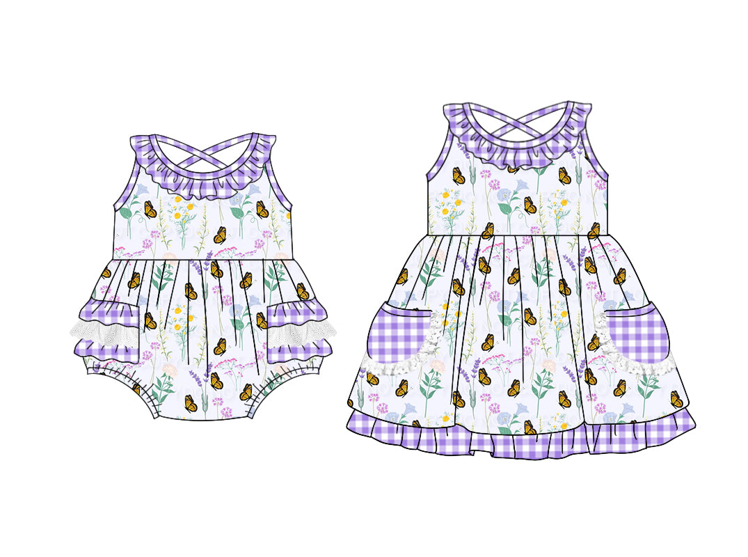 Preorder moq 5 Custom Baby Girls Lavender Plaid Sleeveless Floral Butterfly Pockets Knee Length Dresses Rompers