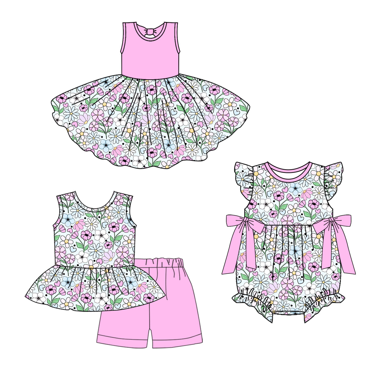 Preorder moq 5 Custom Baby Girls Pink Sleeveless Floral Tunic Short Set Knee Length Dress Ruffle Romper