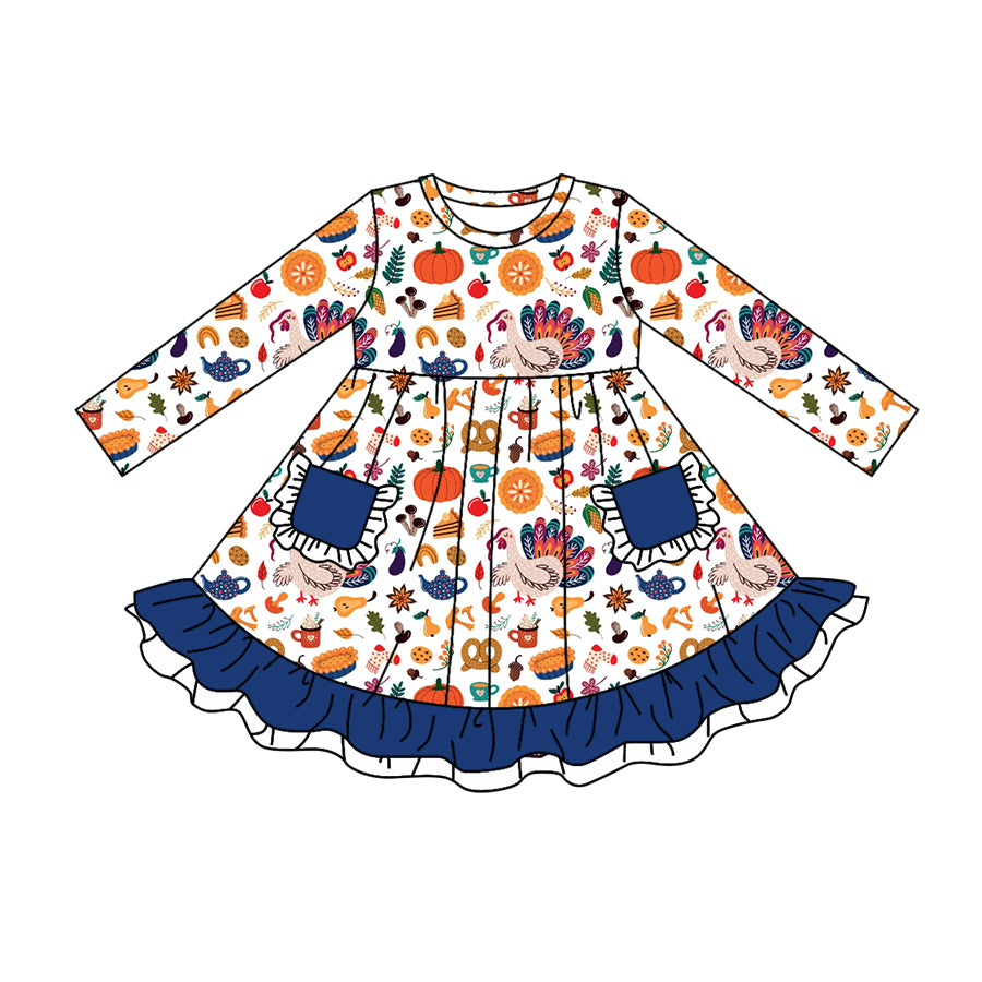Baby Girls Thanksgiving Turkey Navy Ruffles Knee Length Dresses Preorder(moq 5)