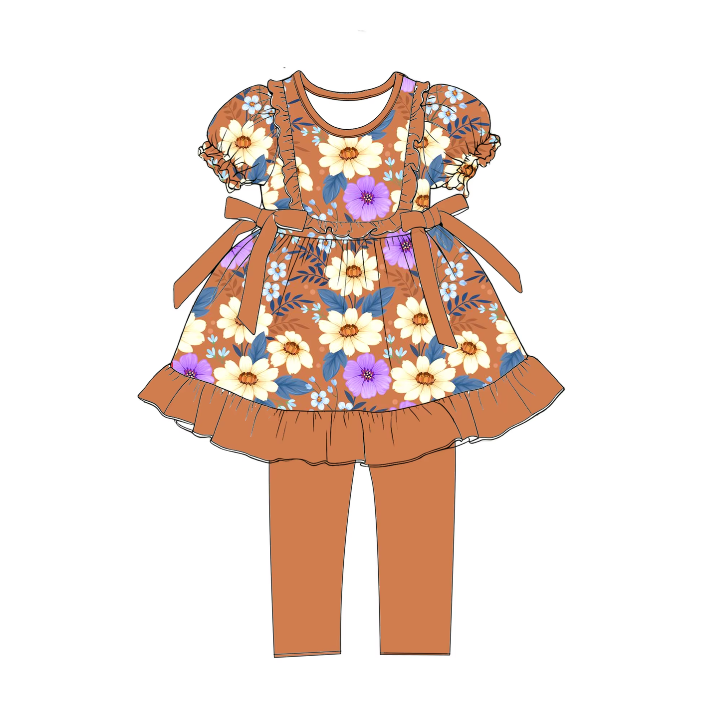 Preorder (moq 5)Baby Girls Colorful Flowers Bows Tunic Legging Pants Clothes Sets