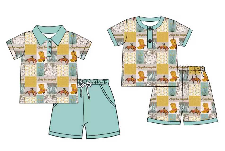 Preorder moq 5 (each item)Baby Boys Rodeos Boots Checked Button Top Shorts Western Pajamas Clothes Sets