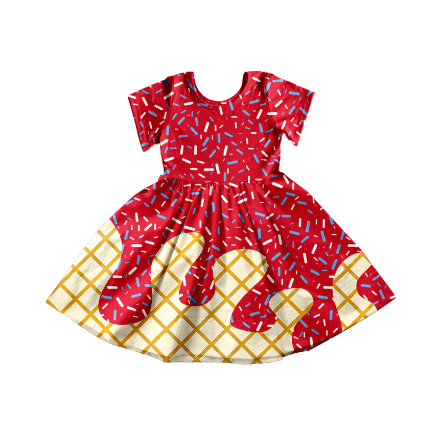 Preorder moq 5 Baby Girls White Blue Ice Cream Drips Sprinkles Knee Length Dresses