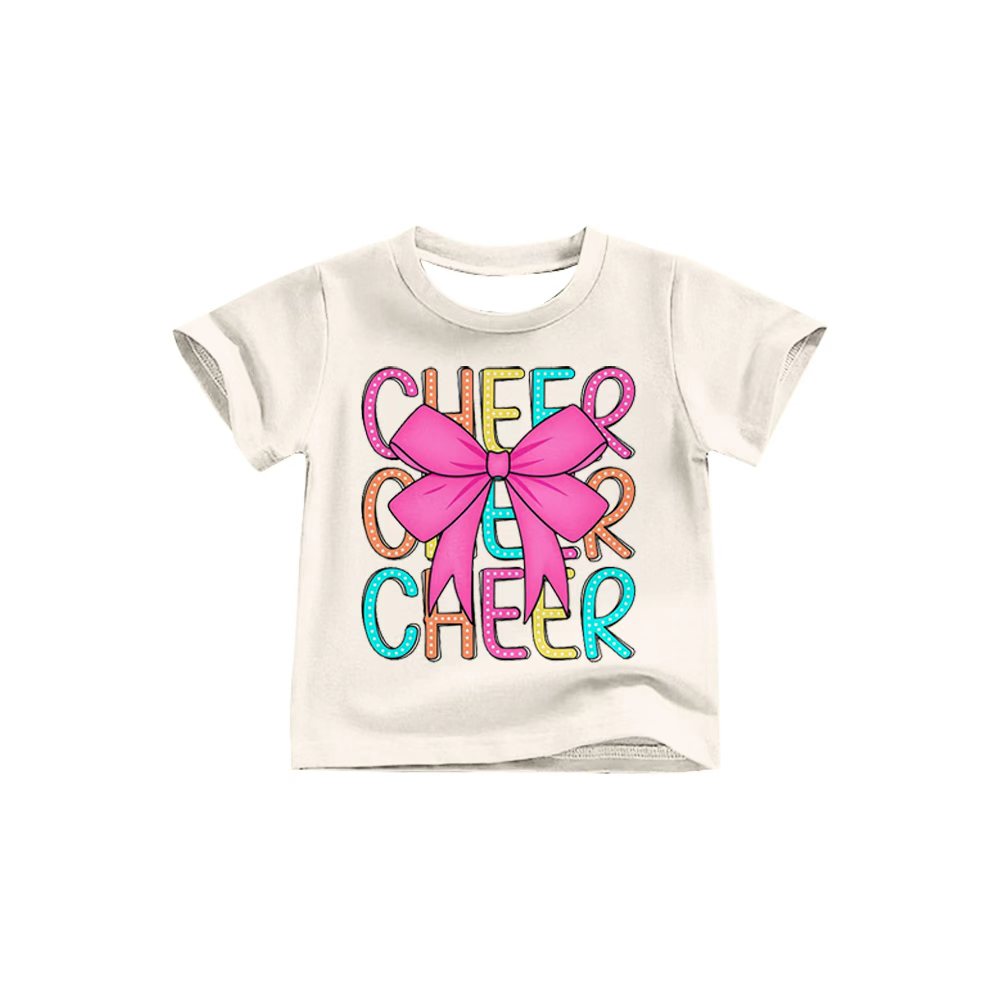 Preorder (moq 5)Baby Girls Pink Colorful Bow Cheer Team Short Sleeve Tee Shirts Tops