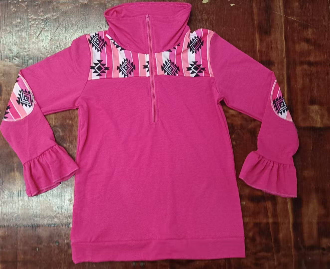 Preorder moq 5 Baby Girls Hot Pink Long Ruffle Sleeves Aztec Zipper Pullovers Top