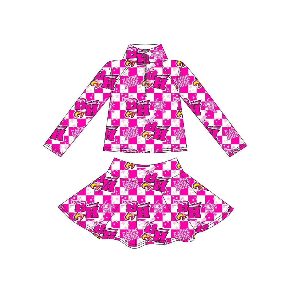 Preorder (moq 8)Baby Girls Pink Eagle Team Zipper Top Skorts Clothes Set