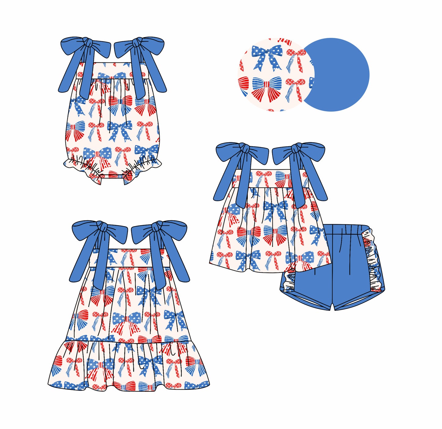 Preorder moq 5 Custom Baby Girls Blue Strap Red Bows Tunic Ruffle Short 4th Of July Set Knee Length Dress And Rompers