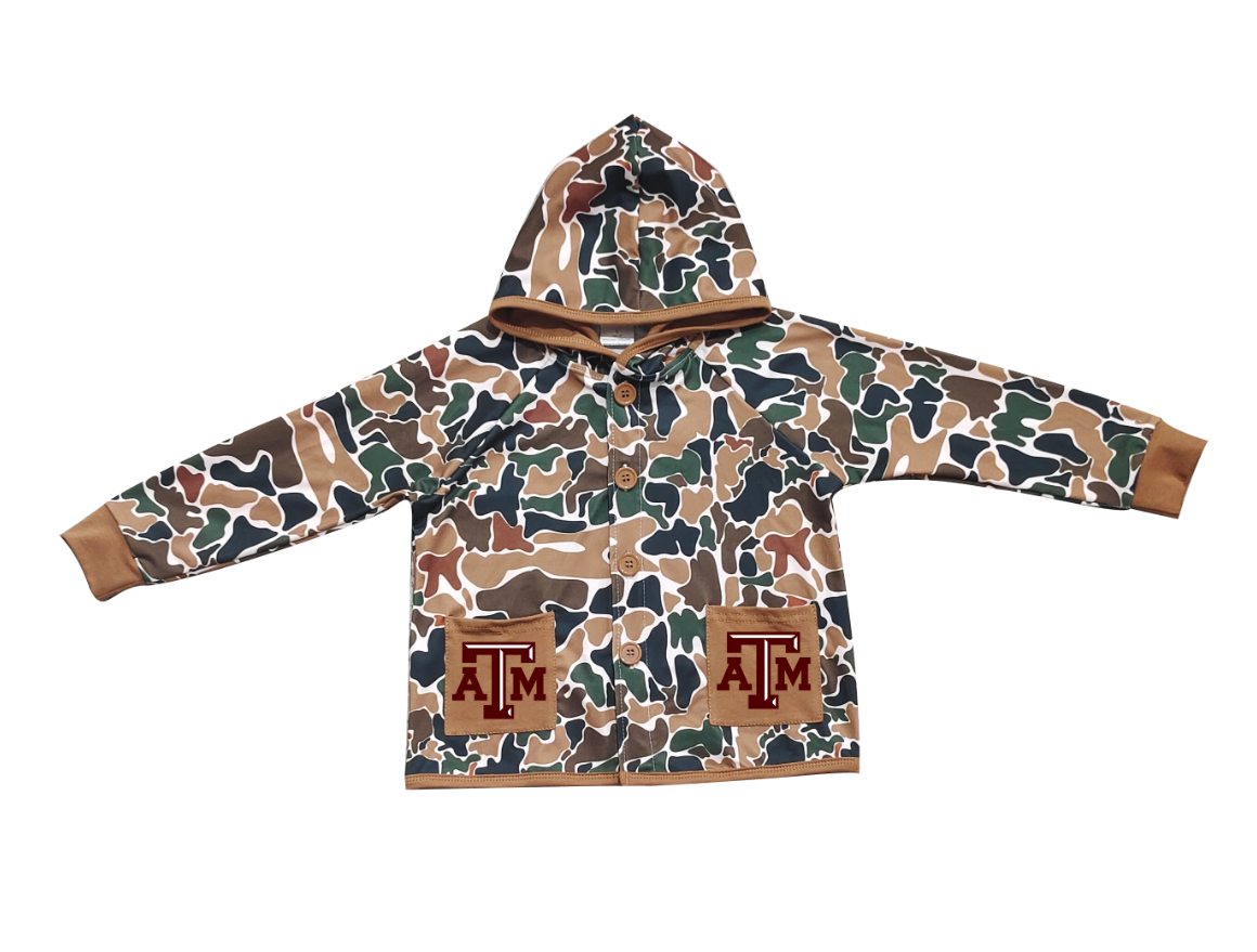 Preorder (moq 5)Baby Boys Dark Brown Camo ATM Pockets Team Button Hoodie Jackets Top