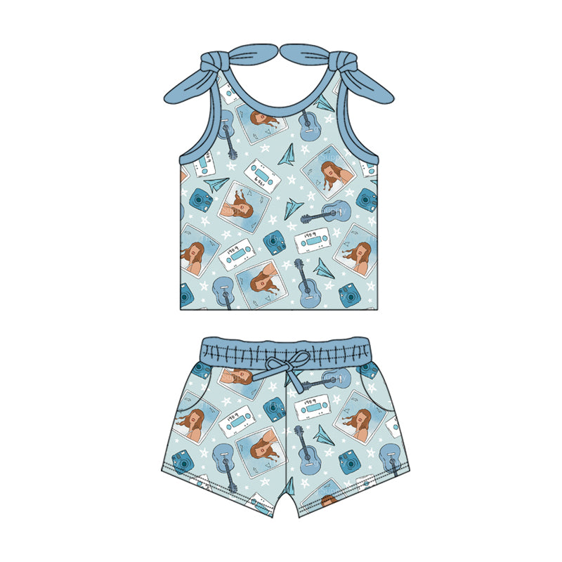 Preorder (moq 5)Baby Girls Blue Singer Bow Shirt Top Shorts Clothes Sets