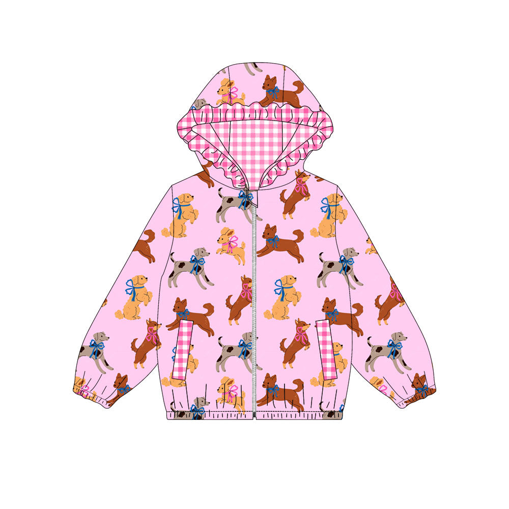 Preorder (moq 5)Baby Girls Bows Dogs Pockets Zipper Valentine Ruffle Hoodies Jackets Top