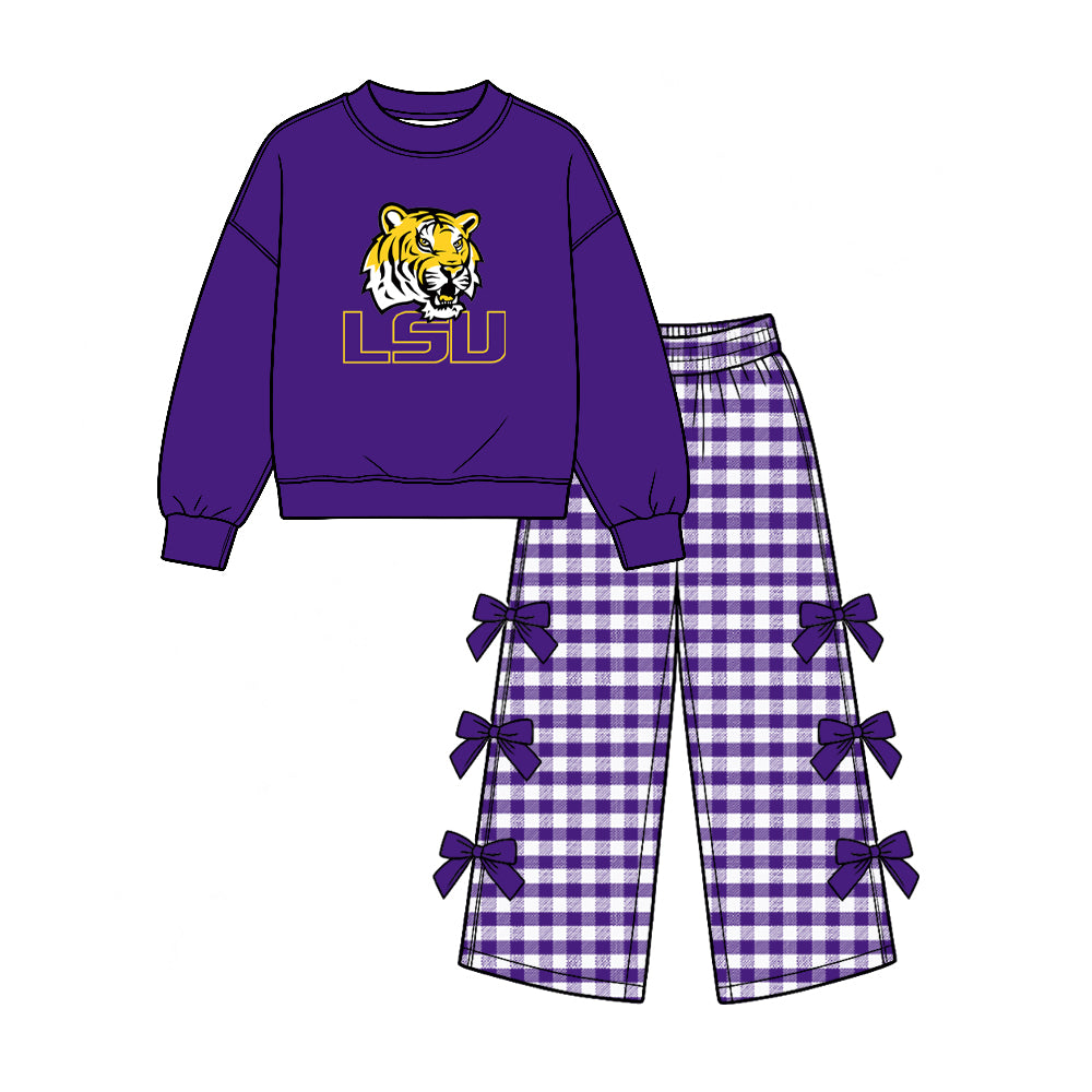 Preorder (moq 5) Baby Girl Clothes LSU Tigers Purple Gold Graphic Long Sleeve Top Gingham Bow Wide Leg Pant Outfit Set