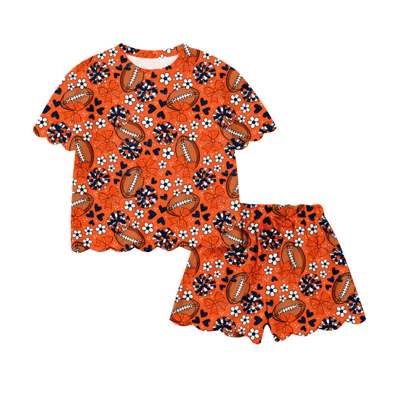 Preorder (moq 5)Baby Girls Orange Hearts Footballs Top Scallop Shorts Team Cheer Clothes Sets