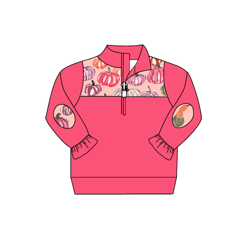 Preorder (moq 5)Baby Girls Pink Long Sleeve Colorful Pumpkins Fall Zip Pullovers Top