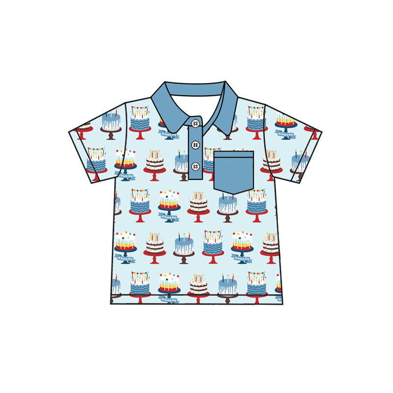 Preorder (moq 5)Baby Boys Blue Short Sleeves Button Pocket Birthday Cakes Polo Shirts Top Preorder