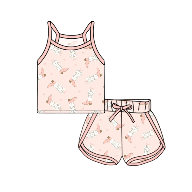 Preorder (moq 5)Baby Girls Light Pink Strap Boots Stars Top Shorts Sport Clothes Sets