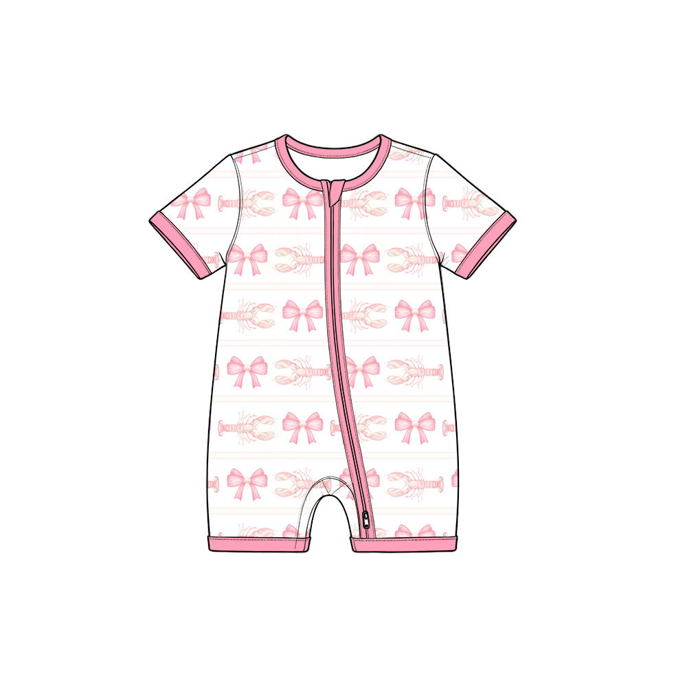 Preorder (moq 5) Baby Girl Clothes Pink Stripe Bow Lobster Print Short Sleeve Zipper Romper