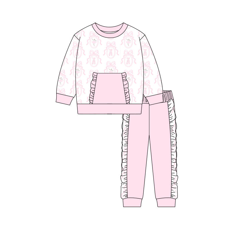 Preorder(moq 5) Baby Girls Pink Bows Dancers Pocket Top Ruffle Pants Clothes Sets