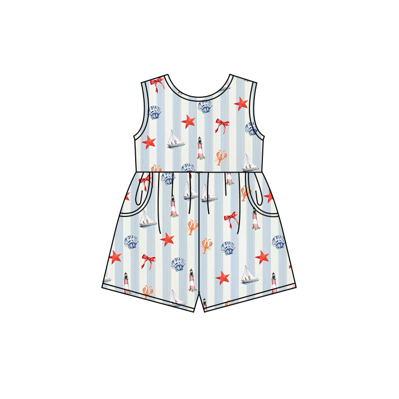 Preorder (moq 5)Baby Girls Sail Boats Bows Shorts Pockets Jumpsuits