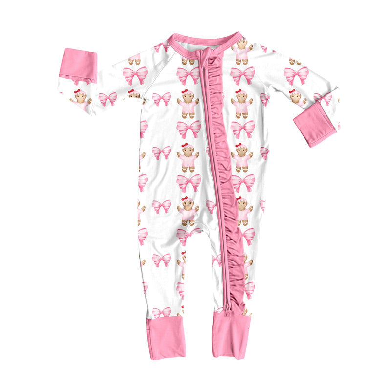 Preorder(moq 5)Baby Infant Girls Gingerbread Bows Zipper Footie Rompers