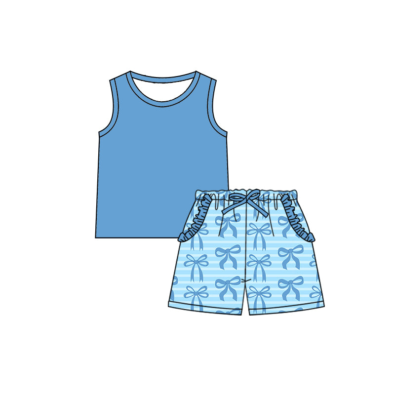 Preorder (moq 5)Baby Girls Blue Sleeveless Shirt Bows Ruffle Pockets Stripe Shorts Clothes Sets