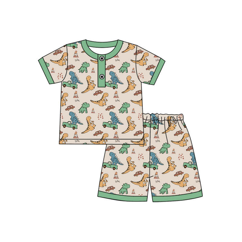Preorder moq 5 Baby Boys Short Sleeves Dinosaurs Cars Button Top Short Pajamas Set