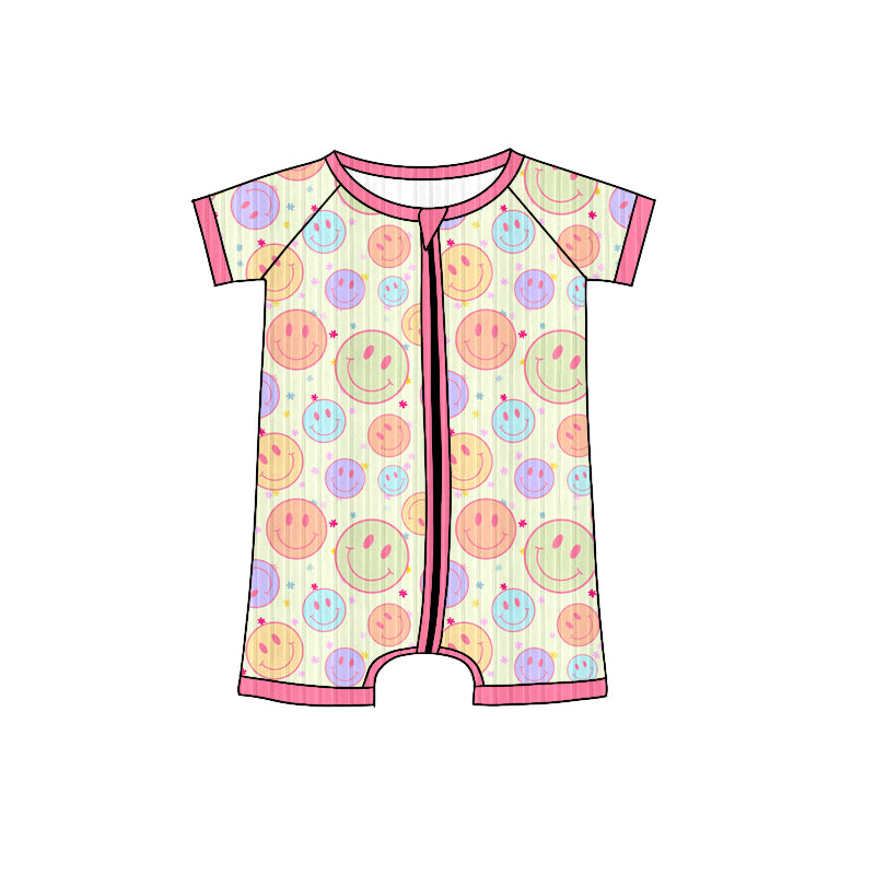 Preorder (moq 5)Baby Girls Short Sleeves Colorful Smiles Stars Plaid Zipper Shorts Rompers