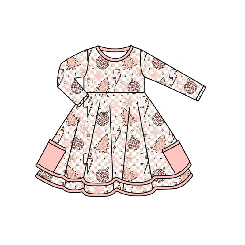 Preorder (moq 5)Baby Girls Long Sleeves Christmas Trees Lights Plaid Pockets Knee Length Dresses